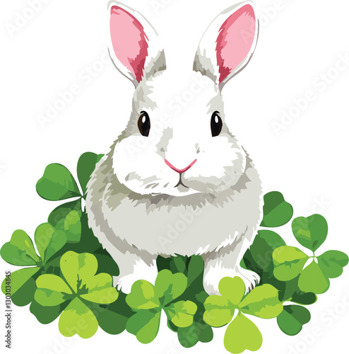 Cute white rabbit sitting in green clover