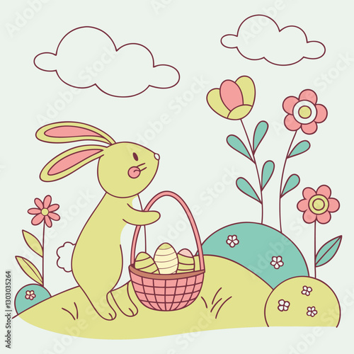 Colorful Easter Bunny with Basket of Eggs – Cute Holiday Illustration