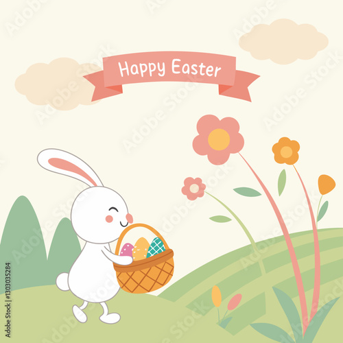 Colorful Easter Bunny with Basket of Eggs – Cute Holiday Illustration