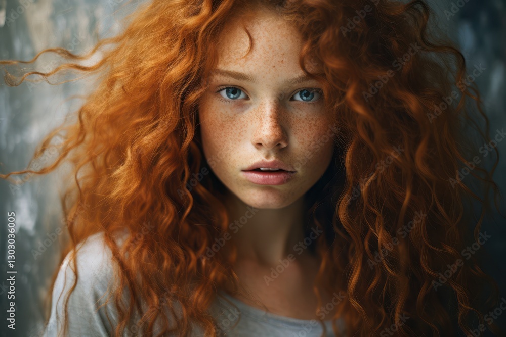 Striking portrait of a young girl with vibrant red curly hair and freckles in a softly lit indoor setting Striking portrait of a young girl with vibrant red curly hair and freckles in a softly lit indoor setting