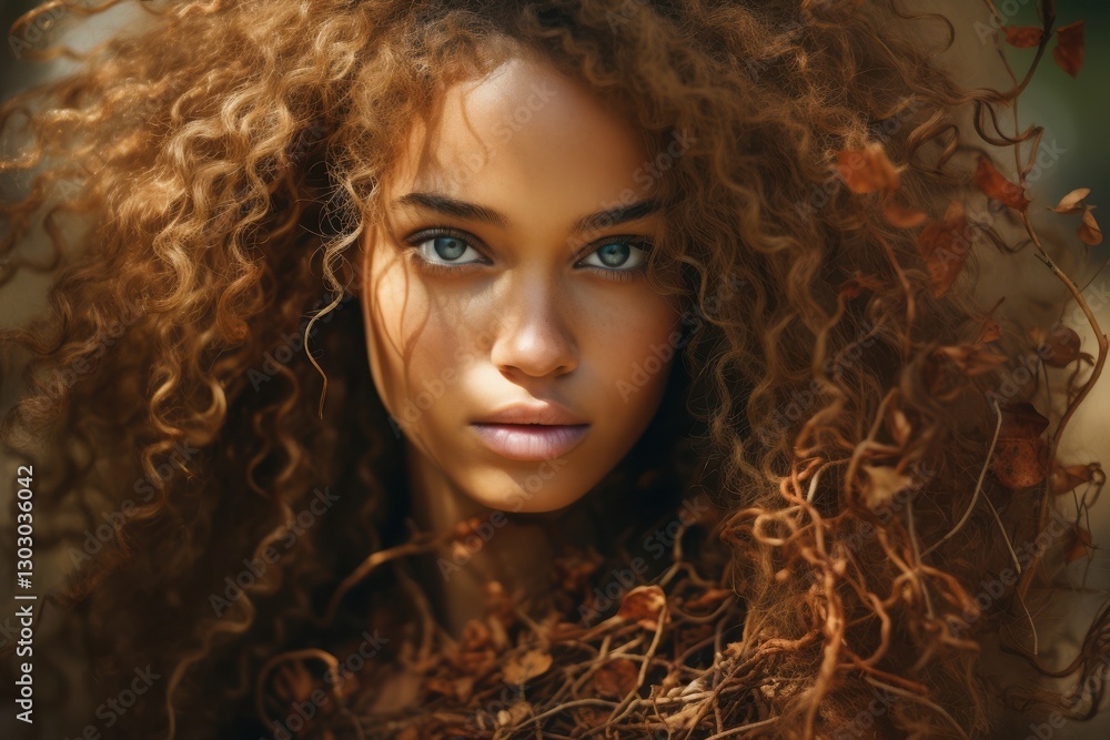 Fototapeta premium Close-up forest portrait of young woman with curly hair and natural elements intertwined in early morning light