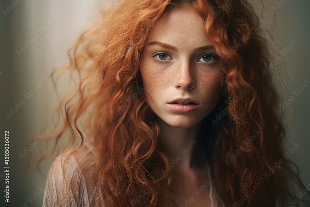 Fototapeta premium Captivating portrait of a young woman with curly red hair and freckles in soft natural light