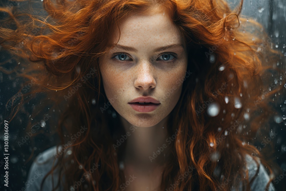 Naklejka premium Portrait of a young woman with curly red hair and striking features, captured with a blurred background in soft lighting