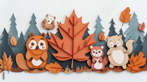 Paper cut autumn maple leaf with owl, bear, and squirrel with happy smile in a fores