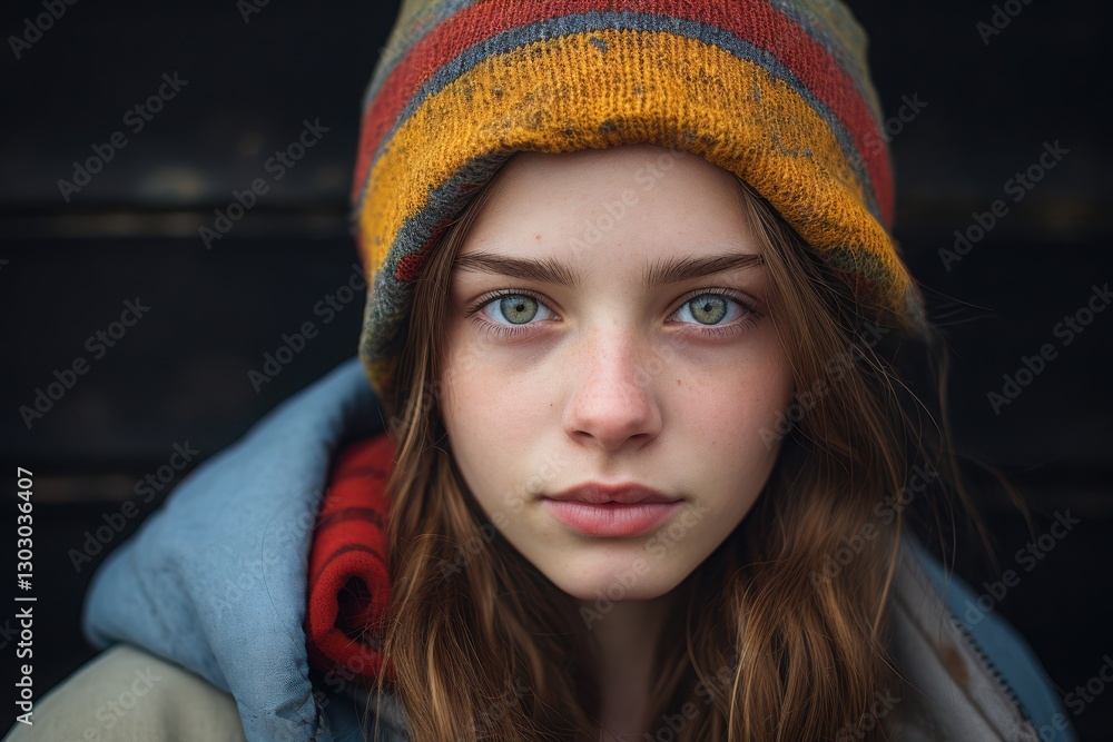 Young person with striking green eyes wearing a colorful beanie and winter jacket against a dark background Young person with striking green eyes wearing a colorful beanie and winter jacket against a dark background