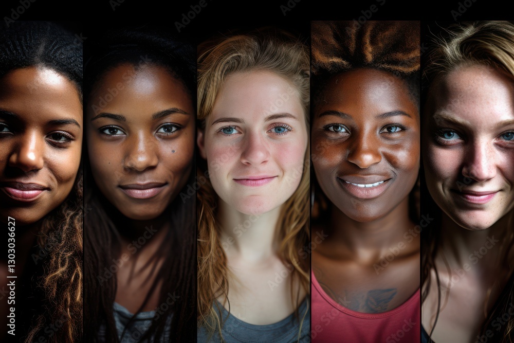 Obraz premium Diverse group of women showcasing unique beauty and expressions against a dark background in studio lighting