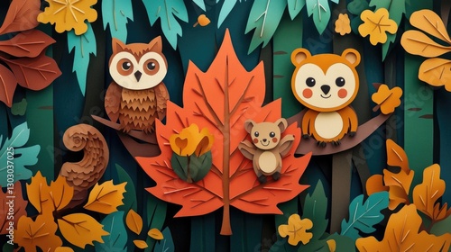 Paper cut autumn maple leaf with owl, bear, and squirrel with happy smile