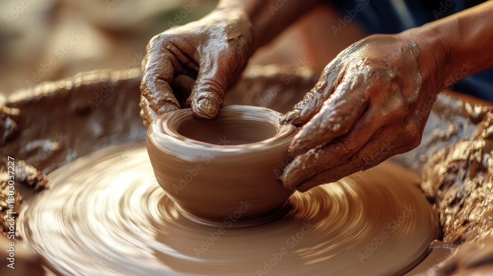Handmade pottery on a wheel, close-up of hands shaping clay, rustic and organic feel Handmade pottery on a wheel, close-up of hands shaping clay, rustic and organic feel