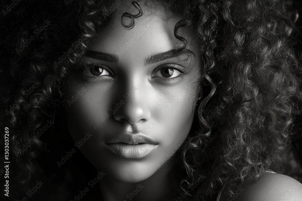 Fototapeta premium Portrait of a young woman with curly hair in dramatic black and white lighting