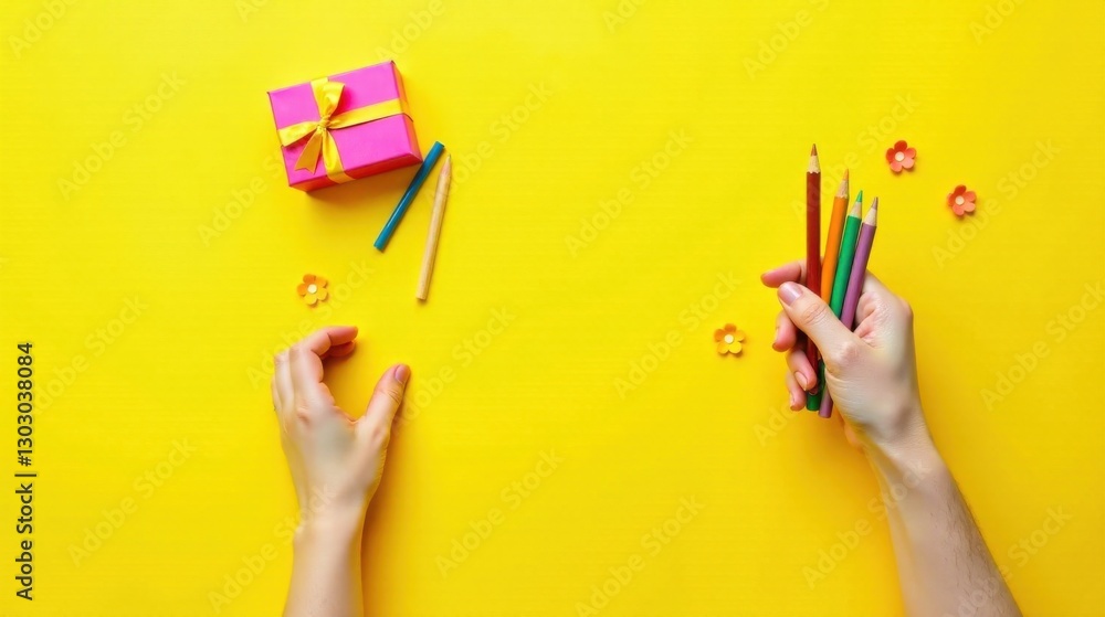 A vibrant yellow background showcases hands interacting with colorful pencils and a gift, symbolizing creativity and celebration A vibrant yellow background showcases hands interacting with colorful pencils and a gift, symbolizing creativity and celebration