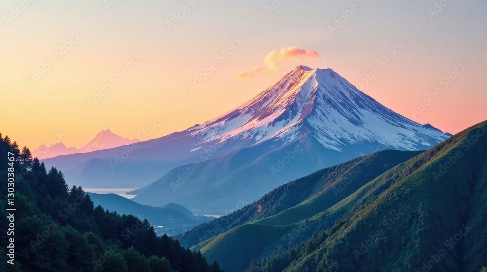 Majestic snow-capped peak at sunset, overlooking a tranquil valley and lush green hills Majestic snow-capped peak at sunset, overlooking a tranquil valley and lush green hills