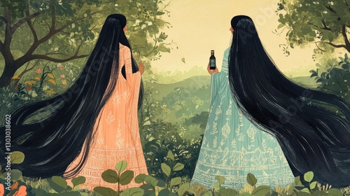 Two ancient india women with very long, healthyblack hair vector