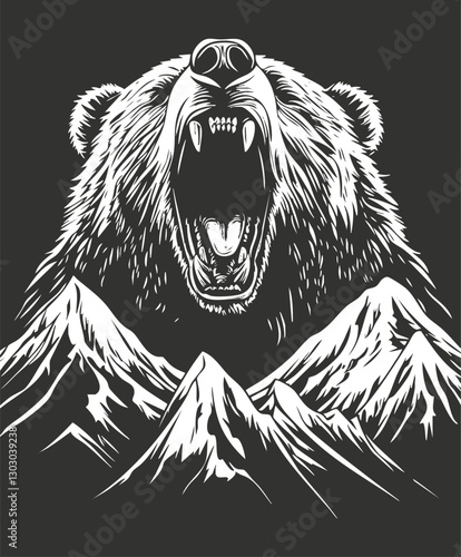 Black and white illustration of a roaring bear over mountains.