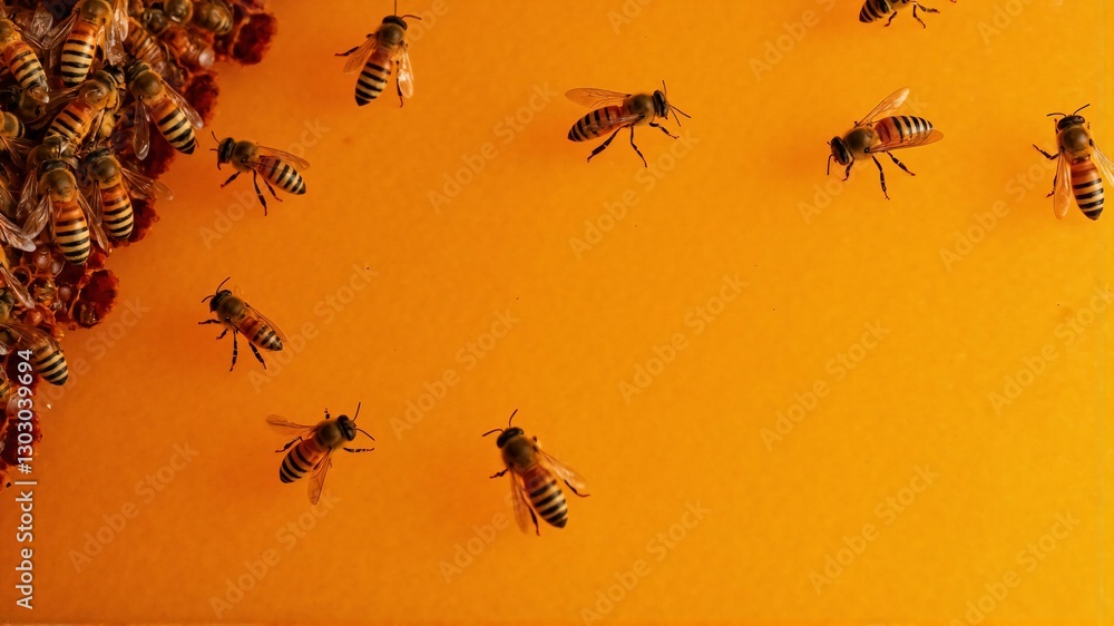Fototapeta premium Macro Photography of Worker Bees on a Honeycomb, Collecting Nectar and Producing Pure Honey in a Natural Beekeeping Environment