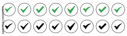 Green and black check mark icon. Check mark vector icon. Checkmark Illustration. Vector symbols set  checkmark isolated on white background. Correct vote choise isolated symbol.