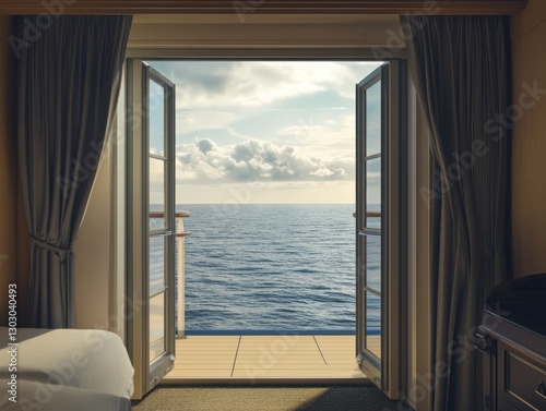 Open balcony view of ocean with clouds at sunset