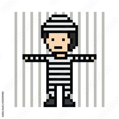 Cute pixel cartoon character prisoner man in jail prison uniform decoration crime prisoner man in prison 8 bit cartoon pixel robber 8bit png vector.