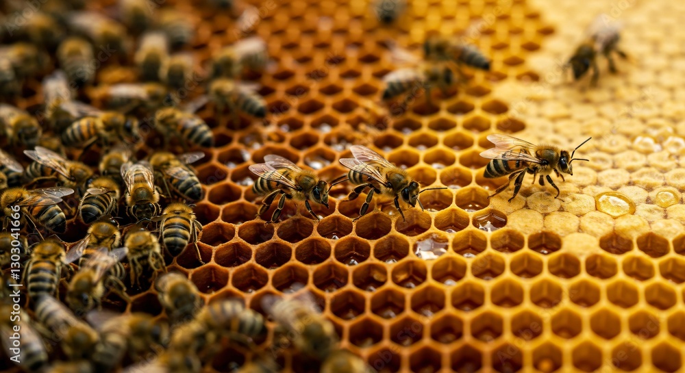 Close-Up of Honey Bees Working on a Golden Honeycomb, Showcasing Natural Beekeeping and the Perfect Hexagonal Structure Close-Up of Honey Bees Working on a Golden Honeycomb, Showcasing Natural Beekeeping and the Perfect Hexagonal Structure