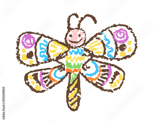 Tropical crazy fantastic doodle funny smiling butterfly. Crayon like kid`s hand drawn bright colorful jungle flying happy character. Vector pastel chalk or pencil childlike simple cartoon naive art