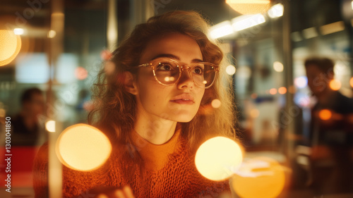 young woman with curly hair and glasses gazes thoughtfully at glowing lights in modern setting, reflecting sense of curiosity and inspiration photo