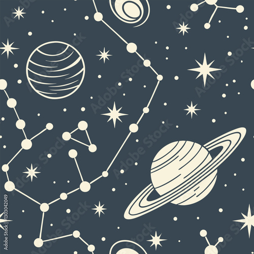 Seamless pattern with planets, constellations, and stars in white on a dark blue background, celestial and astronomical elements, decorative and stylized design