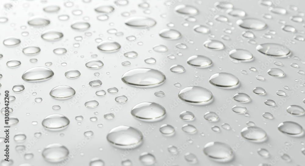 Clear Water Drops with Diffused Reflection of Shining Light on a White Background, Creating a Fresh and Transparent Texture Clear Water Drops with Diffused Reflection of Shining Light on a White Background, Creating a Fresh and Transparent Texture