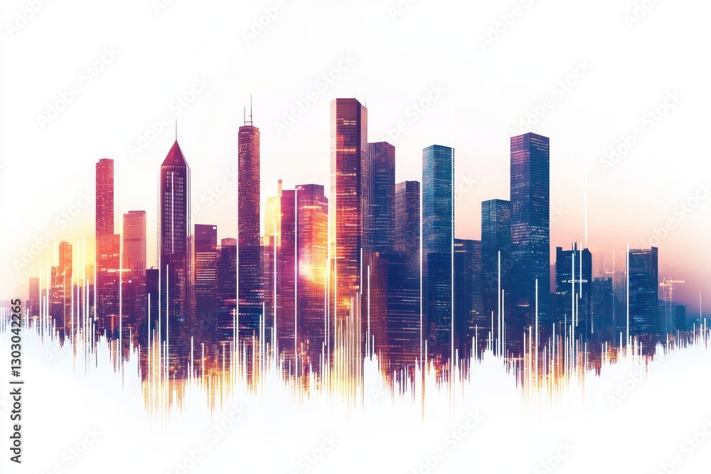 Fototapeta premium Urban skyline at sunset with vibrant colors and reflections