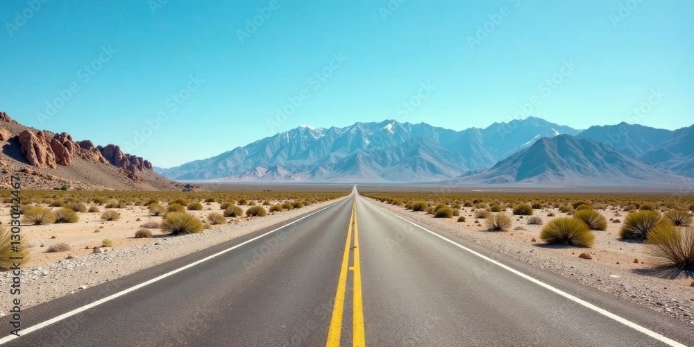 Naklejka premium Asphalt ribbon unwinding towards a majestic, snow-capped mountain range under a brilliant, cloudless sky, traversing a seemingly endless desert landscape