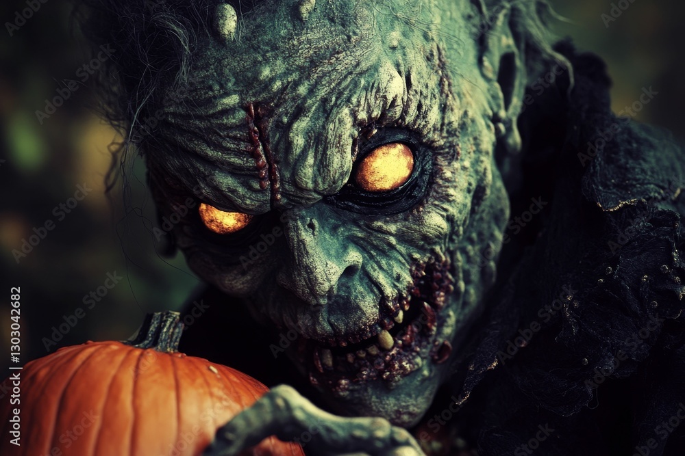 Obraz premium Spooky zombie stares holding a Halloween pumpkin.