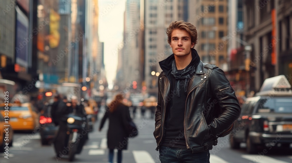 Handsome guy in a leather jacket standing on a busy city street, confident expression, dynamic urban atmosphere Handsome guy in a leather jacket standing on a busy city street, confident expression, dynamic urban atmosphere