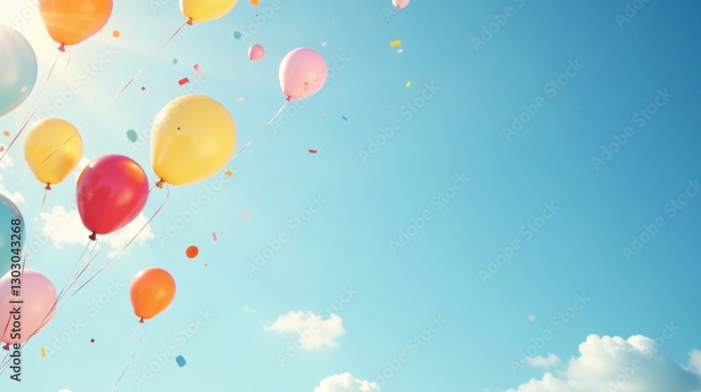 Joyful Celebration Colorful Balloons Ascending into a Sunny Sky with Festive Confetti Joyful Celebration Colorful Balloons Ascending into a Sunny Sky with Festive Confetti