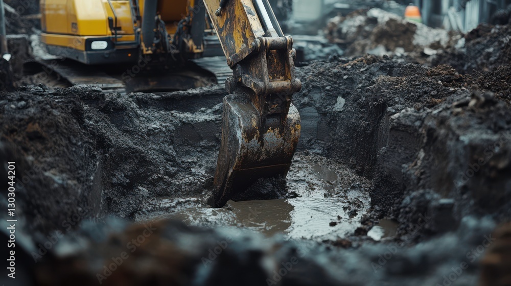 Fototapeta premium Excavator Digging New Building Foundations in Urban Area