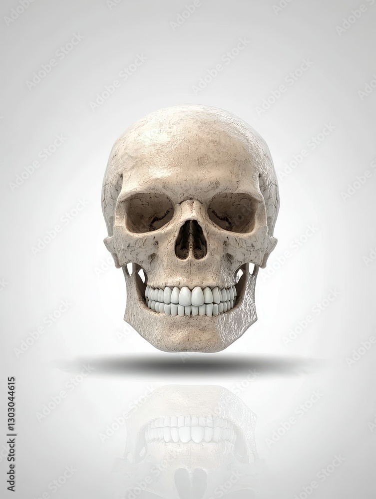 Fototapeta premium human figure and anatomy concept. Realistic skull with a neutral background, showcasing detailed features and reflections.
