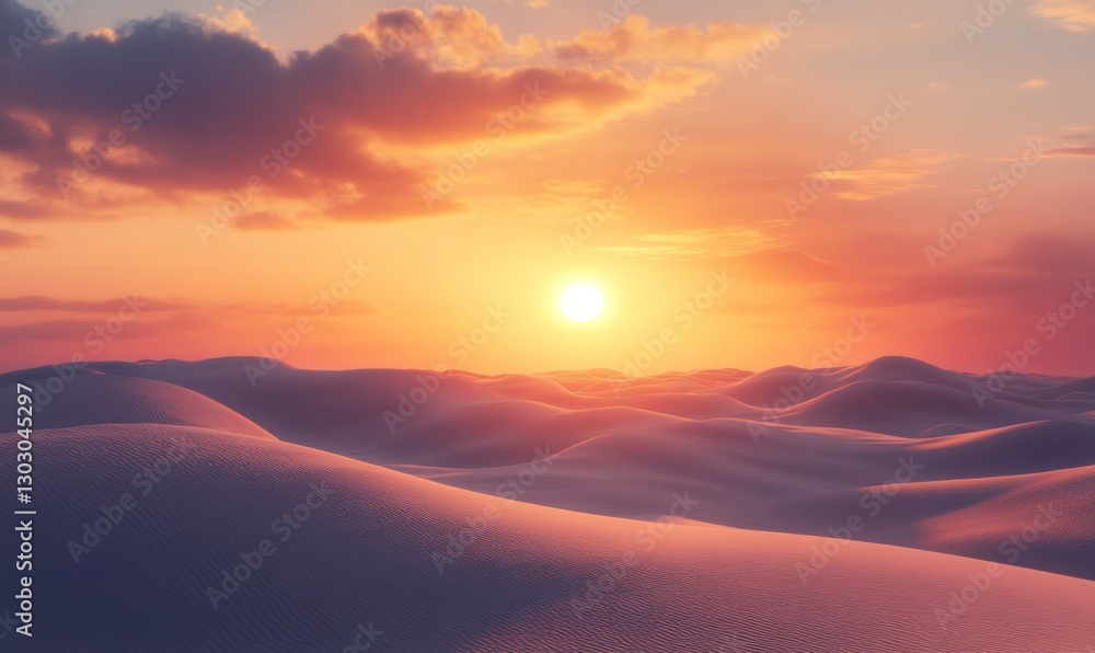 beautiful desert landscape at sunset, with the sun setting behind rolling sand dunes. The sky is painted in warm hues of orange and pink as it gently cascades over the tranquil scene beautiful desert landscape at sunset, with the sun setting behind rolling sand dunes. The sky is painted in warm hues of orange and pink as it gently cascades over the tranquil scene