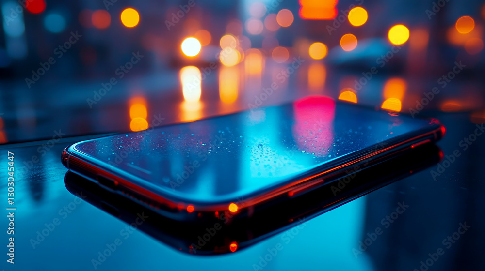 smartphone on reflective surface with colorful lights smartphone on reflective surface with colorful lights