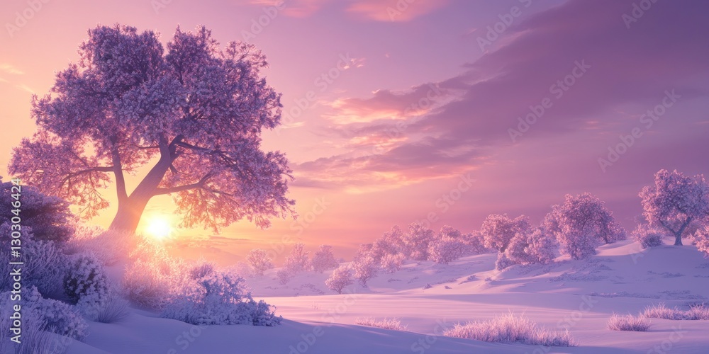 beautiful winter landscape with trees covered in snow, a pink and purple sky at sunset, and the sun setting behind a tree on the left side of the picture beautiful winter landscape with trees covered in snow, a pink and purple sky at sunset, and the sun setting behind a tree on the left side of the picture