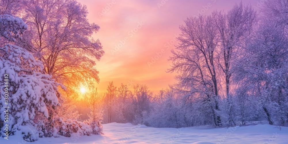 Naklejka premium beautiful winter landscape with trees covered in snow, a pink and purple sky at sunset, and the sun setting behind a tree on the left side of the picture