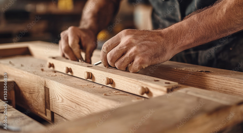 A craftsman uses tools to assemble the oak frame, demonstrating expertise in woodworking and attention to detail in a workshop A craftsman uses tools to assemble the oak frame, demonstrating expertise in woodworking and attention to detail in a workshop