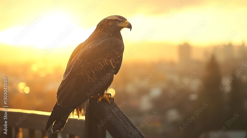 Fototapeta premium A majestic bird of prey perched on a railing during sunset, with a vibrant golden sky in the background and droplets of water glistening on its feathers
