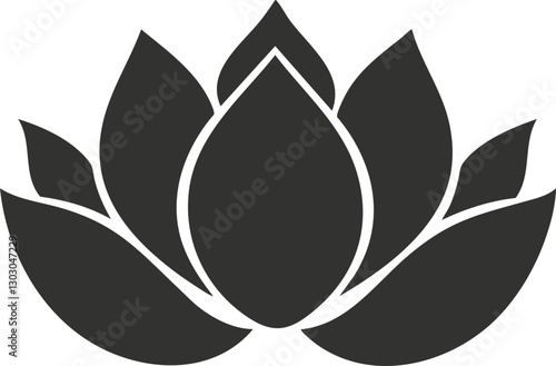 Black and white lotus flower silhouette icon symbolizing purity and meditation.