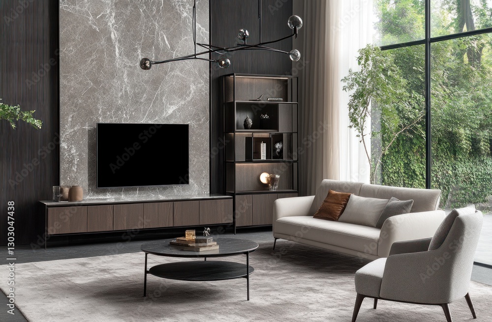 Naklejka premium Modern living room with TV and beige sofa