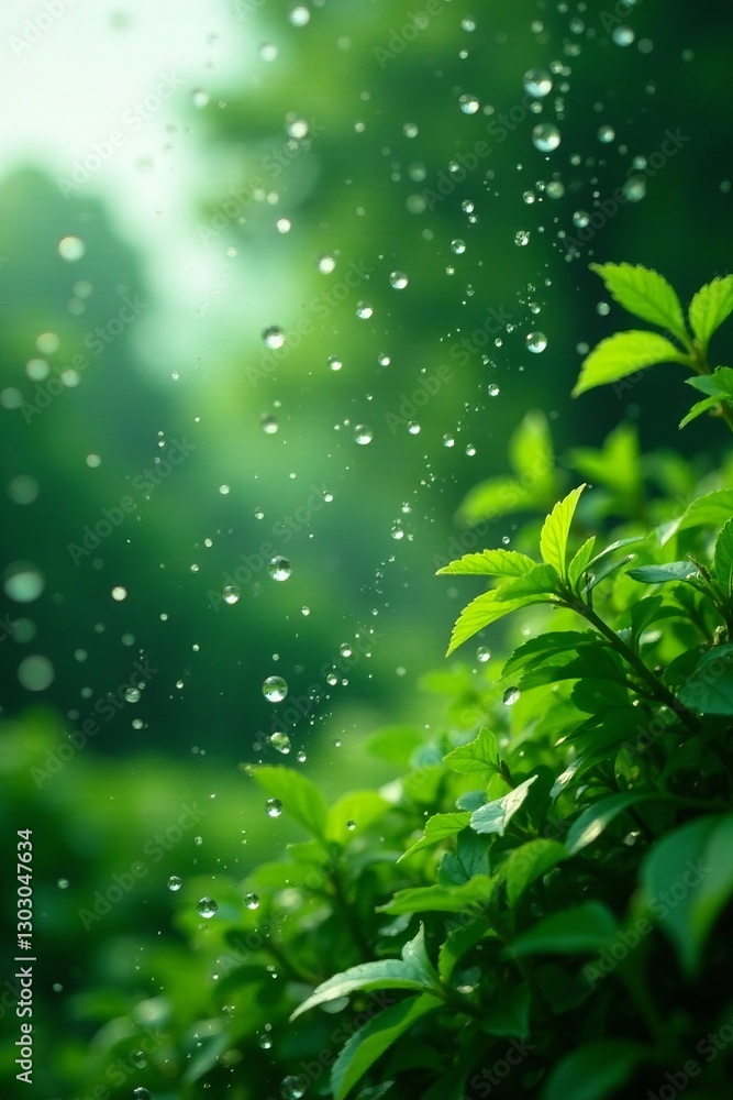 Water droplets on window with blurred greenery, abstract, translucent