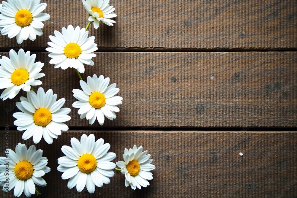 Obraz premium White paper cut daisies scattered on rustic wooden surface, garden, home decor