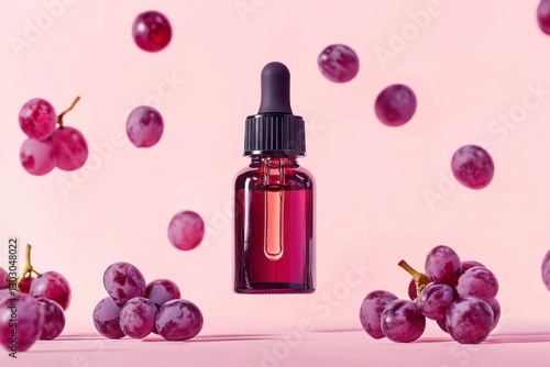 bottle of grape seed oil face serum on a pink background with grapes floating around