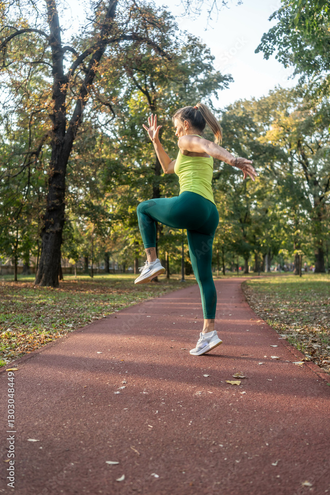 Fit woman exercising outdoors. Healthy mature female athlete doing fitness workout. Sportswoman raising leg, do functional training outside on bright sunny day, smiling pleased, wearing sport outfit Fit woman exercising outdoors. Healthy mature female athlete doing fitness workout. Sportswoman raising leg, do functional training outside on bright sunny day, smiling pleased, wearing sport outfit