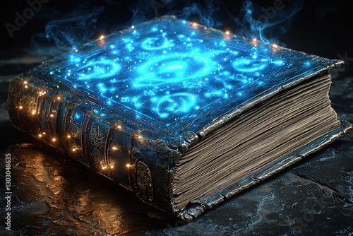 Ancient magical book with glowing blue glyphs and mystical smoke on stone surface