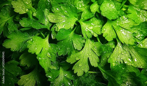 Lush green coriander leaves glistening with water droplets.