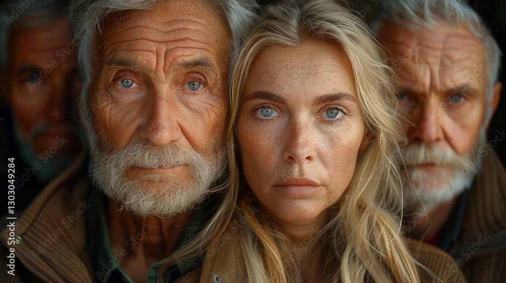 A poignant portrait of an elderly man and woman with a blonde woman in between them gazing intently in soft light A poignant portrait of an elderly man and woman with a blonde woman in between them gazing intently in soft light