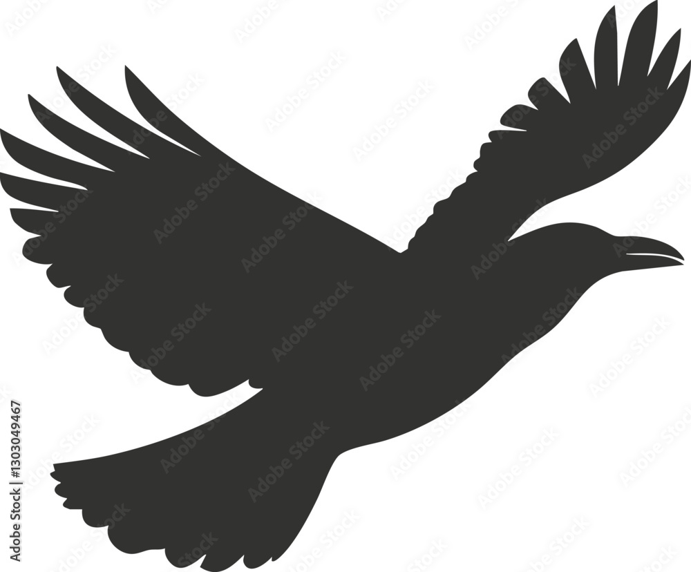 Silhouette of a flying raven or crow with wings spread wide. Silhouette of a flying raven or crow with wings spread wide.