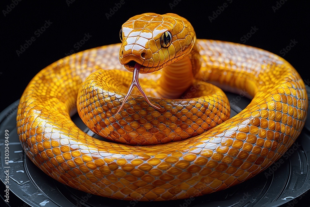 Obraz premium Vibrant orange snake coiled with tongue flicking on dark background